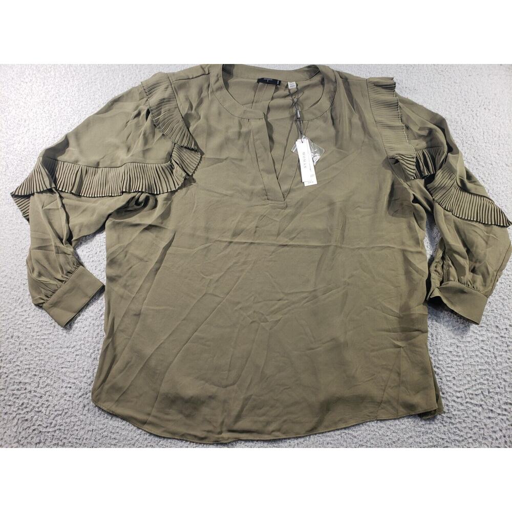 Tahari Shirt Women's Plus 2X Army Green Flutter Sleeve Blouse Stretch V-Neck